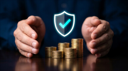 Hands protecting stacks of gold coins with a glowing shield icon symbolizing financial security and...