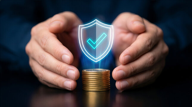Hands protecting stack of coins with glowing shield and checkmark symbolizing financial security and investment safety