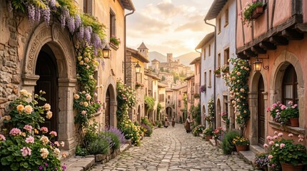 Fototapeta premium Enchanting narrow cobblestone street in a historic medieval Italian village adorned with blooming roses and wisteria under a warm sunset glow featuring traditional stone architecture and charm