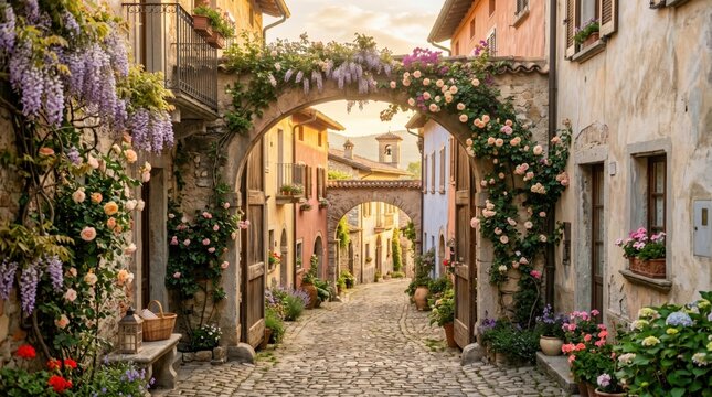 A picturesque narrow cobblestone street in a charming Italian village at sunset with blooming wisteria and rose vines climbing over ancient stone archways under a warm golden evening light.