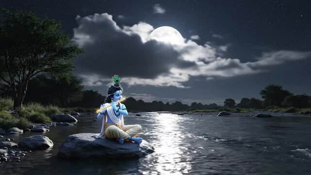 Blue-skinned hindu god krishna playing flute on a riverbank under a full moon