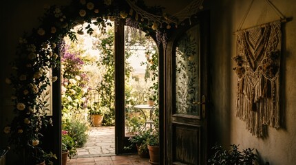 Obraz premium Rustic open wooden doorway adorned with floral arch leads to a sunlit garden patio with lush green plants, featuring cozy interior wall hanging under warm cinematic lighting for home decor.