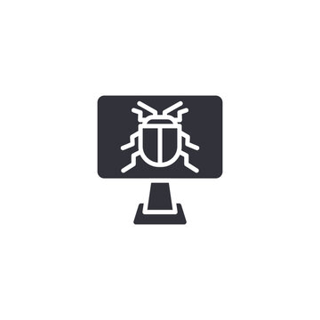 Desktop monitor icon with malware bug symbol illustrating computer virus detection and system infection.