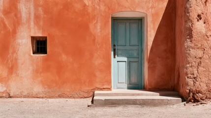Fototapeta premium Sunlit blue door on terracotta wall, small square window casting geometric shadow, shallow step and warm plaster texture, muted coral and ochre tones, minimal composition evoking calm Mediterranean