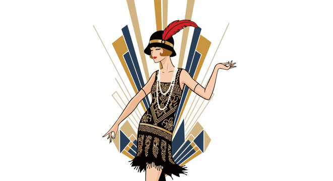 Art deco woman in a feathered hat and fringed dress dances against a geometric fan-like background