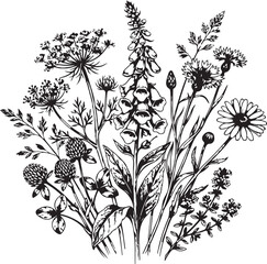 Vintage Meadow Wildflower Botanical Sketch Bouquet © Durjoy 