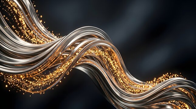 An abstract golden and blue background featuring liquid metal waves and a swirling 3d motion design