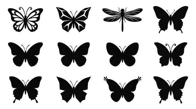 Nordic abstract butterfly and dragonfly elements collection with trendy minimalist insect shapes in warm earthy colors
