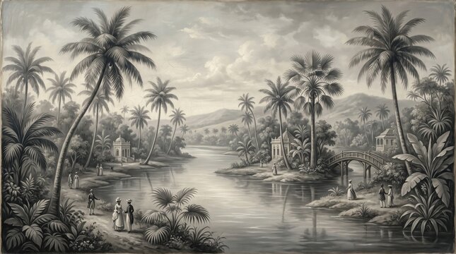 Monochromatic vintage tropical river landscape mural with palm trees, colonial figures, and a stone bridge under soft cloudy skies, ideal for historic-themed luxury wall art decor.