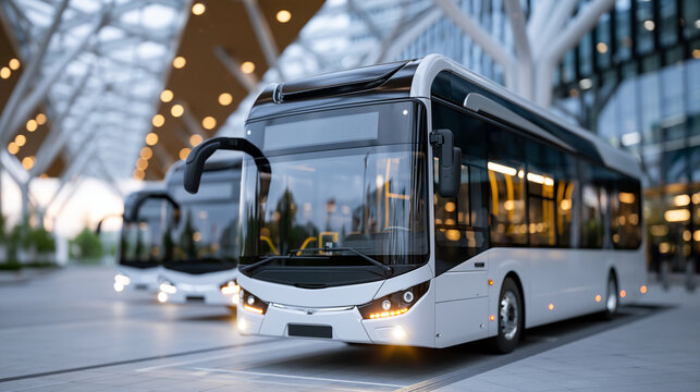 A wide view of soft modern electric buses lines up at a calm bright modern transit hub in natural daylight, transit hub, faceless wide view, sunny outdoors, daylight workspace, sof
