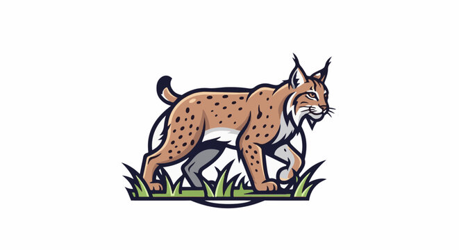 A stylized lynx walks through grass with a determined expression