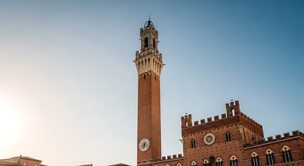Naklejka premium Historic Tall Clock Tower Against Clear Sky in Siena.