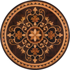 Fototapeta premium Luxury round display table with wood inlay isolated on transparent background