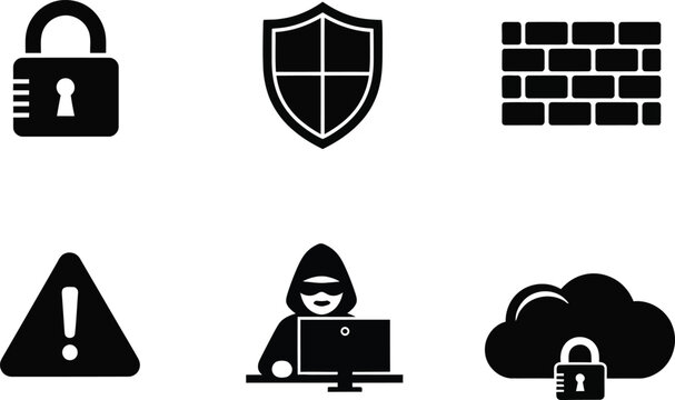 Cybersecurity icon set padlock shield firewall warning hacker cloud security