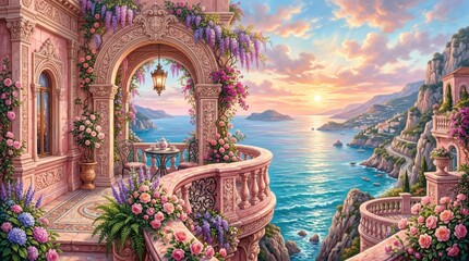 Obraz premium Luxurious Mediterranean stone balcony adorned with blooming pink roses and purple wisteria overlooking a serene turquoise sea at golden sunset, ideal for luxury travel and romance concepts.