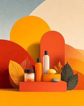 Skincare and cosmetic bottles on orange geometric display with abstract arch backdrop and decorative leaves