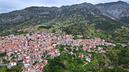 Fototapeta premium Horizontal High Angle Aerial Panorama of Arachova Mountain Town Greece