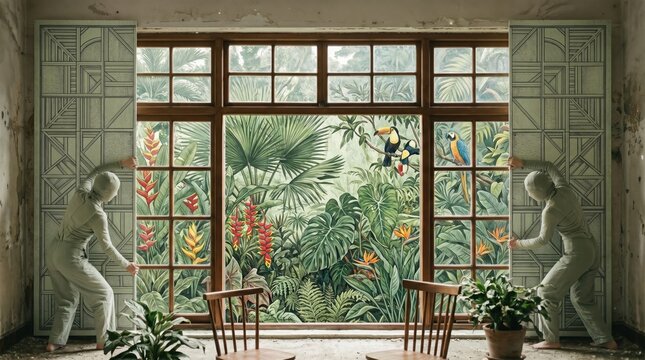 Elegant biophilic interior design featuring stone statues sliding open large wooden frame windows to reveal a lush tropical jungle mural with exotic birds under warm natural light.