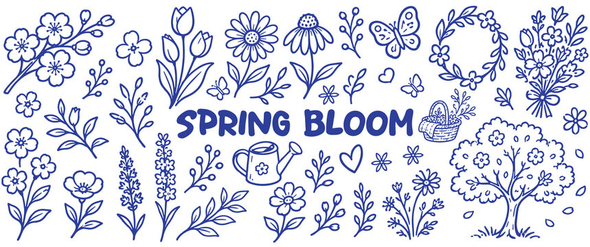 Spring bloom concept drawing illustration set. Hand-drawn vector.