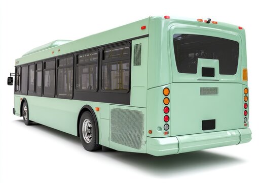 A light green public transit vehicle with tinted windows and rounded rear lights