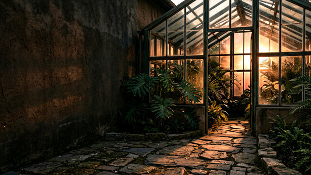 Tropical greenhouse architecture with stone path at sunset