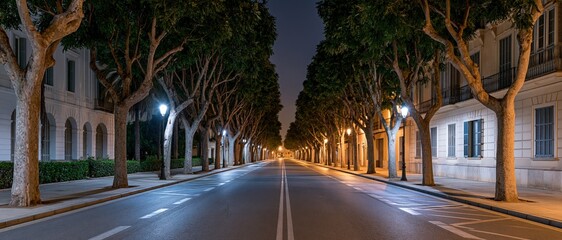 Fototapeta premium A tranquil tree-lined street captured at night, bathed in soft streetlight glow, creating a serene atmosphere that showcases urban beauty and peaceful solitude.
