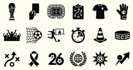 Fototapeta premium Soccer silhouette icons collection showing trophy card stadium tactics jersey equipment vector illustration