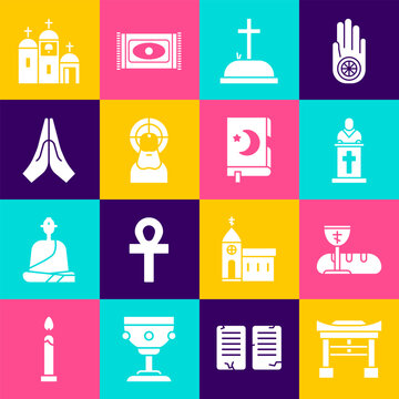 Set Japan Gate, First communion symbols, Church pastor preaching, Tombstone with cross, Jesus Christ, Hands praying position, building and Holy book of Koran icon. Vector