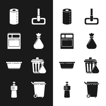 Set Garbage bag, Kitchen dishwasher machine, Paper towel roll, Mop, Plastic basin, Trash can and garbage, and Dishwashing liquid bottle icon. Vector