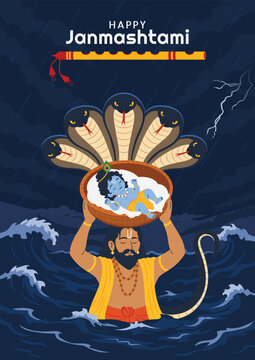 Janmashtami Poster Design Vasudev Carrying Baby Krishna and Sheshnaag Protecting