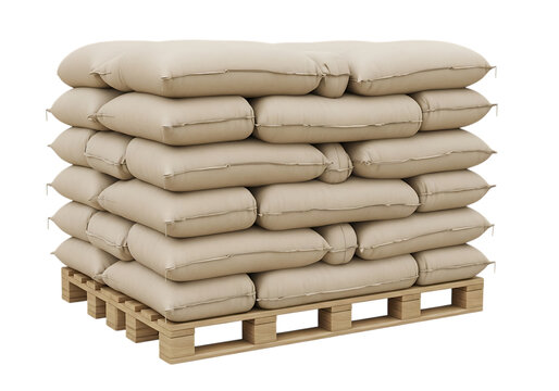 Stacked burlap sacks on wooden pallet isolated on transparent background
