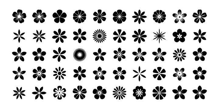 Flowers doodle pattern set with assorted rosette blossoms and daisy icons arranged in tidy rows featuring blossom, icon, motif with floral and