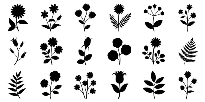 Flowers Doodle Silhouette Set with Simple Botanical Icons and Leaf Shapes for Vintage Logo and Pattern Design