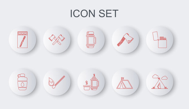 Set line Tourist tent with flag, Canteen water bottle, Thermos container, Open matchbox and matches, Crossed wooden axe, Burning fire and icon. Vector