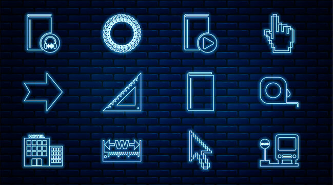 Set line Bus stop, Roulette construction, Audio book, Triangular ruler, Arrow, Book and Laurel wreath icon. Vector