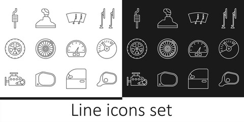 Fototapeta premium Set line Car mirror, Speedometer, Windscreen wiper, wheel, muffler, and Gear shifter icon. Vector