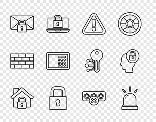 Fototapeta premium Set line House under protection, Motion sensor, Exclamation mark in triangle, Lock, Mail message lock password, Safe, Password and Human head with icon. Vector