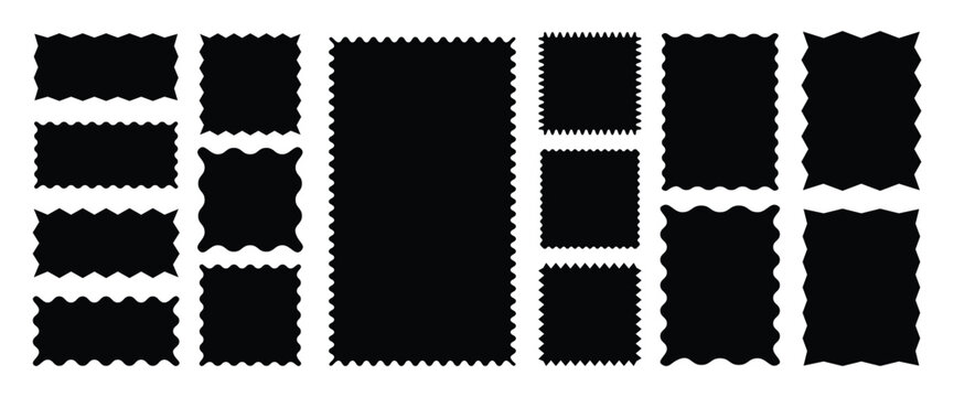 Set of wavy zigzag edge frames. Rectangle shape frame with zigzag edge. Black post stamp frames and borders. Decorative banners and labels set for mail,postcard,letter,note,badge,sticker,photo,frame.