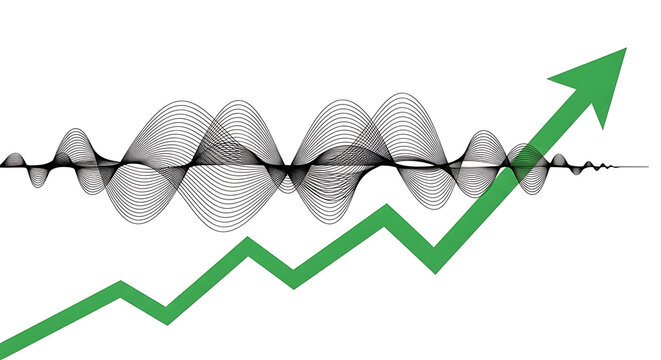 Rising green trend line over abstract wave pattern with business analysis progress abstract statistics economic investment performance increase