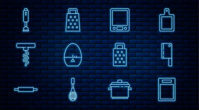 Set line Cutting board, Meat chopper, Electronic scales, Kitchen timer, Wine corkscrew, Blender, Grater and icon. Vector