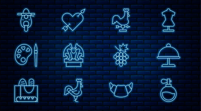 Set line Perfume, Covered with tray, Rooster weather vane, Gargoyle on pedestal, Paint brush palette, Scooter, Grape fruit and Amour heart and arrow icon. Vector
