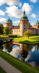 Fototapeta premium Historic Renaissance Castle Reflected in Calm Moat Under Bright Blue Sky
