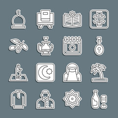 Obraz premium Set line Wine bottle with glass, Tropical palm tree, Lute, Holy book of Koran, Hookah, Date fruit, Muslim Mosque and Ramadan calendar icon. Vector