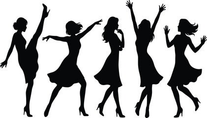 Fototapeta premium Women silhouettes in elegant dancing poses wearing dresses and heels symbolizing rhythm, motion, and commercial creative projects