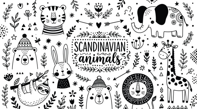 Scandinavian Woodland Animals Doodle Collection with Bear, Rabbit, Lion, Elephant, Giraffe and Decorative Floral Elements