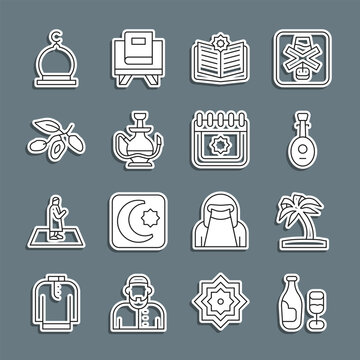 Set line Wine bottle with glass, Tropical palm tree, Lute, Holy book of Koran, Hookah, Date fruit, Muslim Mosque and Ramadan calendar icon. Vector