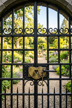 Ornate wrough iron gate with heart shaped brass lock opening to a beautiful lush garden. Generative AI.