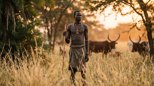 African Herder Standing with Cattle in Golden Savanna Light