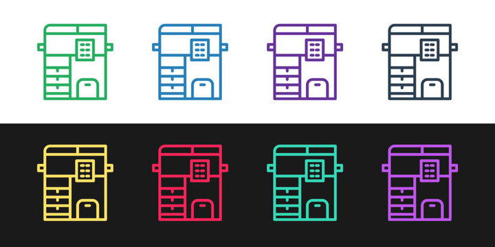 Set line Office multifunction printer copy machine icon isolated on black and white background. Vector