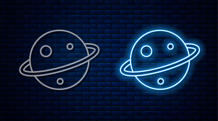 Glowing neon line Planet Saturn with planetary ring system icon isolated on brick wall background. Vector © vector_v